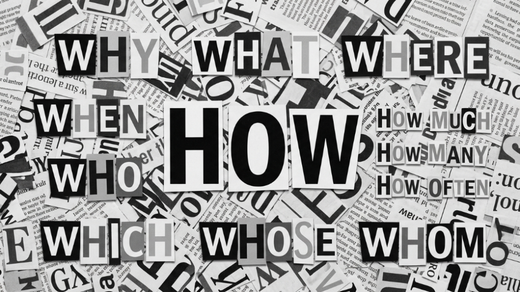Grayscale collage of cut-out letters forming question words, with “HOW” largest in the center.