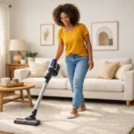 A woman cleaning with vacuum cleaner.a concept for everyday's life
