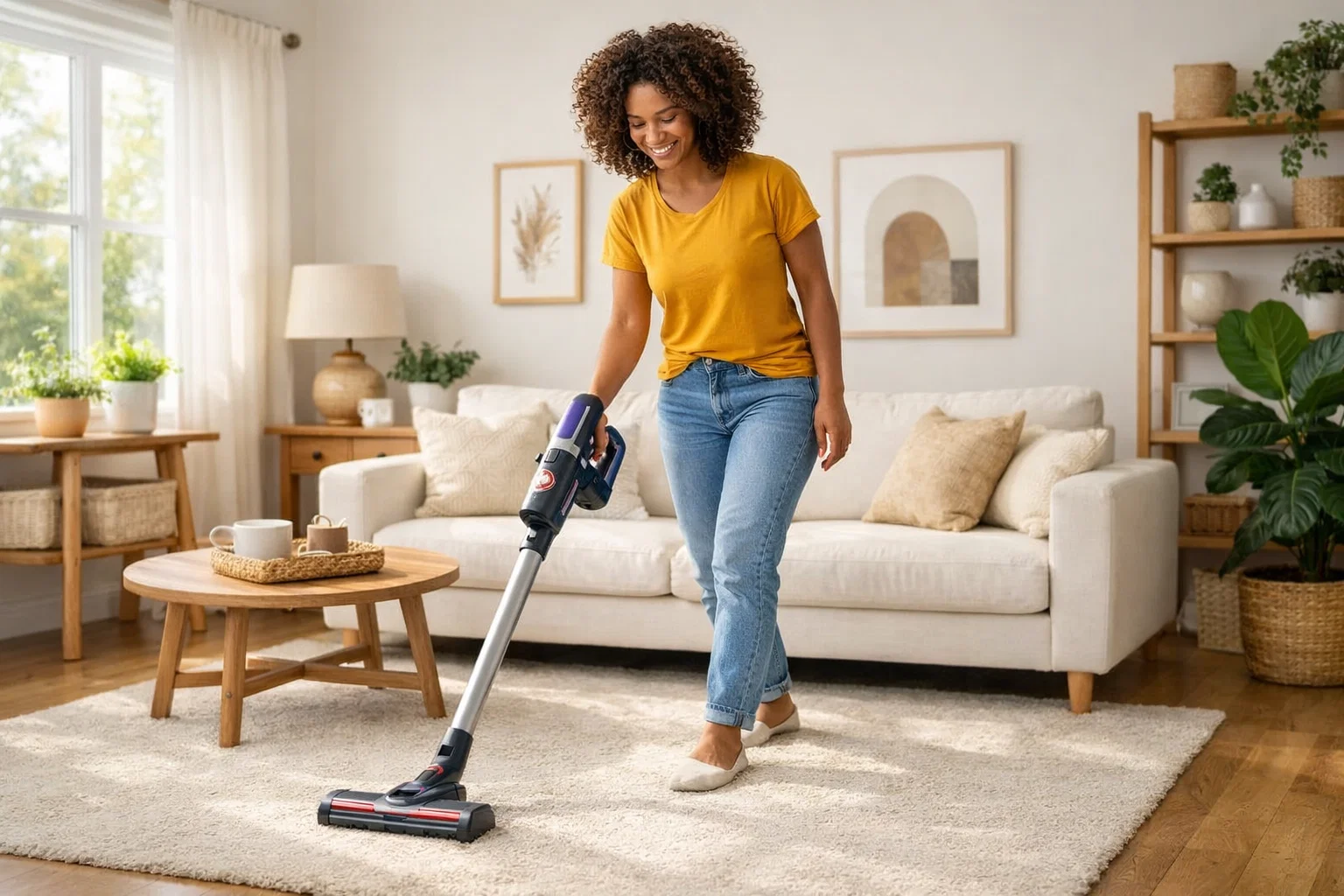A woman cleaning with vacuum cleaner.a concept for everyday's life