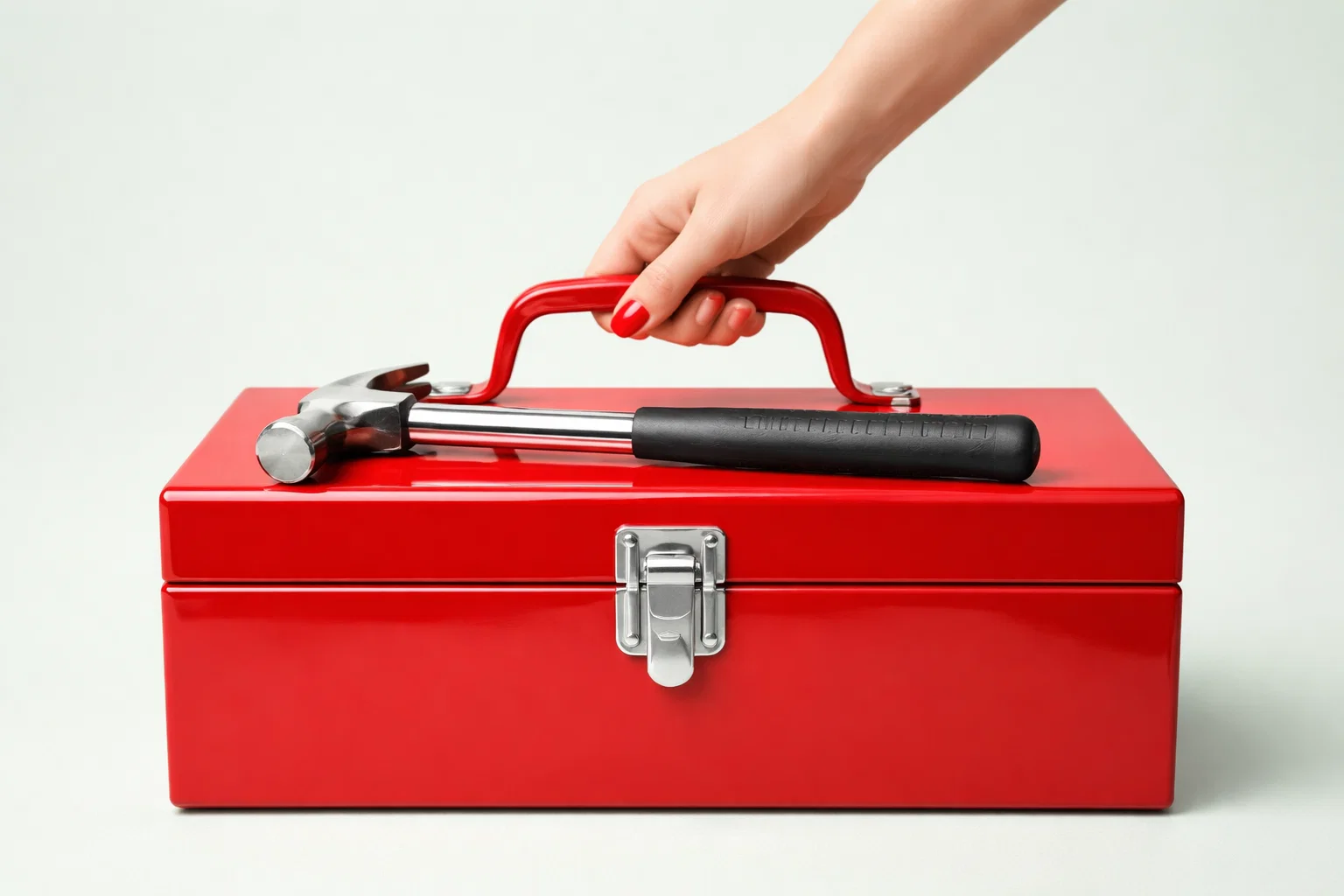 A woman is holding a toolbox A concept for Home and DIY