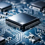 Close-up of a central microchip mounted on a blue printed circuit board, with intricate silver circuit traces radiating outward and other blurred chips in the background.A concept for Technology