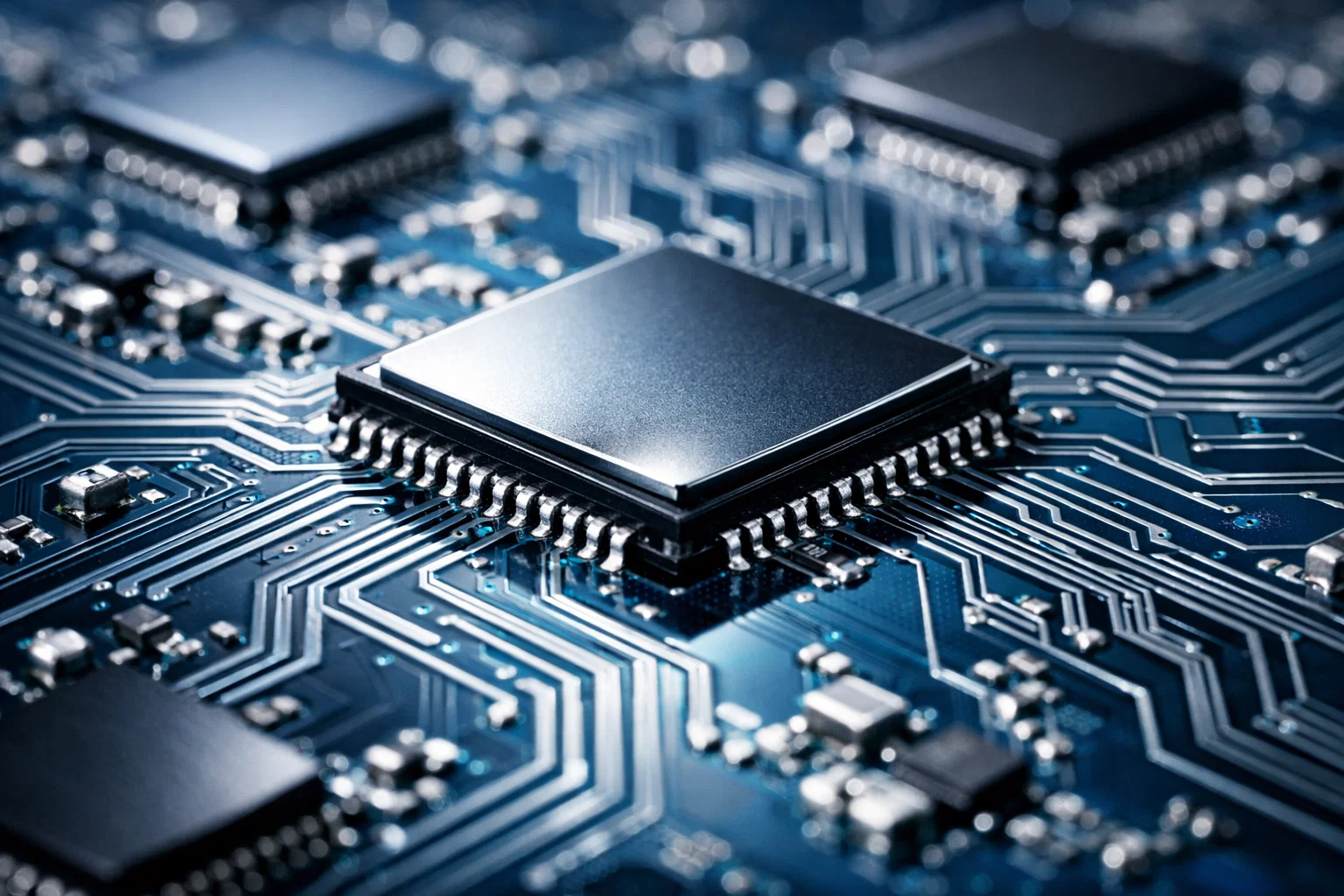 Close-up of a central microchip mounted on a blue printed circuit board, with intricate silver circuit traces radiating outward and other blurred chips in the background.A concept for Technology
