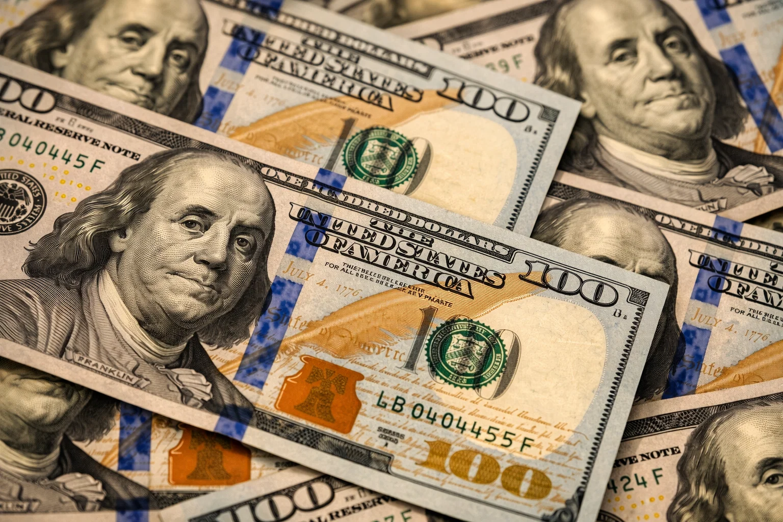 100 dollars banknotes spread on a table.A concept for Money and Finance